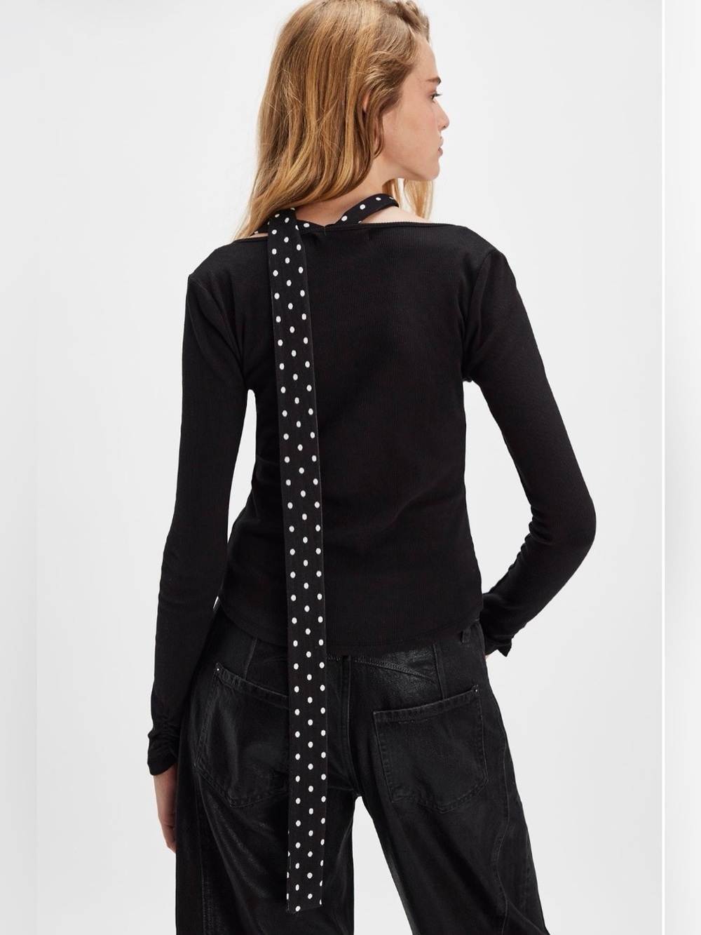 Free People Rhavie CARDI Knit Set Long-Sleeve Top with Polka Dot Neck Tie NWT